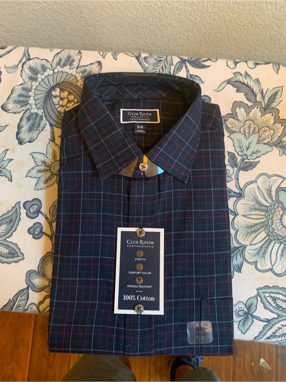 Club Room Navy Plaid Dress Shirt with Red Windowpane